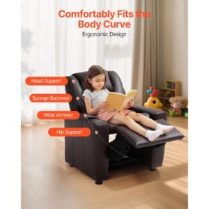 kids reclining chair, toddler recliner with cup holder, 101° to 121° adjustable backrest, easy to clean pu leather recliner couch with footrest, 90 lbs load, for boys & girls, children (brown)