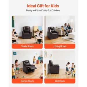 kids reclining chair, toddler recliner with cup holder, 101° to 121° adjustable backrest, easy to clean pu leather recliner couch with footrest, 90 lbs load, for boys & girls, children (brown)
