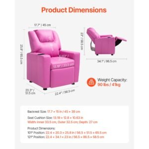 kids reclining chair, toddler recliner with cup holder, 101° to 121° adjustable backrest, easy to clean pu leather recliner couch with footrest, 90 lbs load, for boys & girls, children (pink)