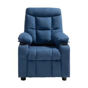 Kids Reclining Chair, Toddler Recliner with Cup Holders and Pockets, 107° to 126° Adjustable Backrest, Breathable Polyester Fabric Recliner Couch with Footrest, for Boys & Girls, Children(Blue)