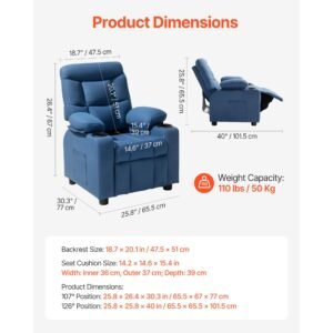 kids reclining chair, toddler recliner with cup holders and pockets, 107° to 126° adjustable backrest, breathable polyester fabric recliner couch with footrest, for boys & girls, children(blue)