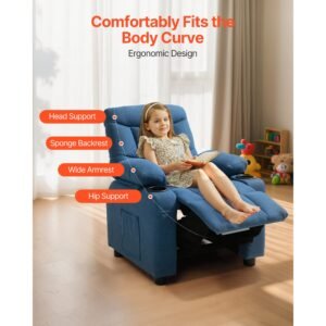 kids reclining chair, toddler recliner with cup holders and pockets, 107° to 126° adjustable backrest, breathable polyester fabric recliner couch with footrest, for boys & girls, children(blue)