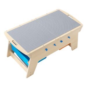 Kids Reversible Wooden Activity Table, Multi-Purpose Activity Play Table with 200 Building Bricks & 3 Storage Bins for Kids 3+ Years, Large Storage Space, Present for Boys & Girls, Natural