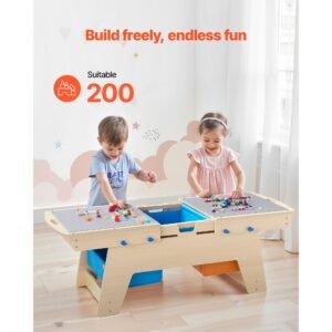kids reversible wooden activity table, multi purpose activity play table with 200 building bricks & 3 storage bins for kids 3+ years, large storage space, present for boys & girls, natural