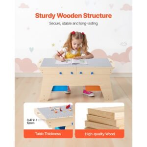 kids reversible wooden activity table, multi purpose activity play table with 200 building bricks & 3 storage bins for kids 3+ years, large storage space, present for boys & girls, natural
