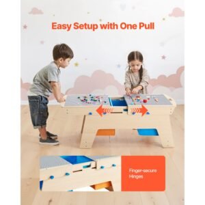 kids reversible wooden activity table, multi purpose activity play table with 200 building bricks & 3 storage bins for kids 3+ years, large storage space, present for boys & girls, natural