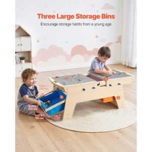 kids reversible wooden activity table, multi purpose activity play table with 200 building bricks & 3 storage bins for kids 3+ years, large storage space, present for boys & girls, natural