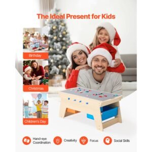 kids reversible wooden activity table, multi purpose activity play table with 200 building bricks & 3 storage bins for kids 3+ years, large storage space, present for boys & girls, natural