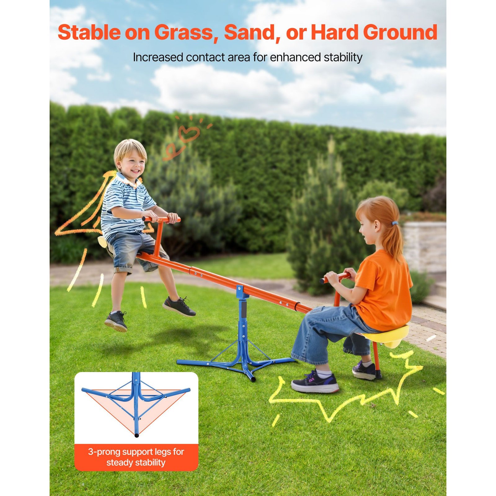 kids seesaw, 100 lbs load capacity per seat, sit and spin teeter totter with 3 prong support legs, kids outdoor playground equipment, swiveling 360 degrees rotating for children aged 3+