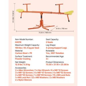 kids seesaw, 100 lbs load capacity per seat, sit and spin teeter totter with 4 prong support legs, kids outdoor playground equipment, swiveling 360 degrees rotating for children aged 3+
