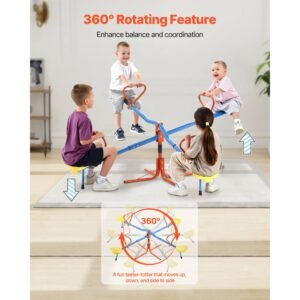 kids seesaw, 110 lbs load capacity per seat, sit and spin teeter totter with 4 prong support legs, kids outdoor playground equipment, swiveling 360 degrees rotating for children aged 3+, 4 seats