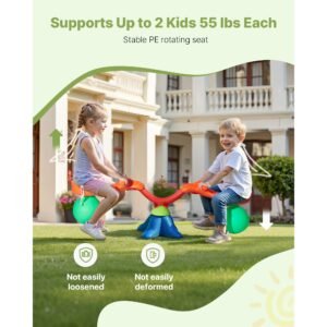 kids seesaw, 55 lbs load capacity per seat, sit and spin teeter totter with handles, kids outdoor playground equipment, swiveling 360 degrees rotating for children aged 3+, multi colored
