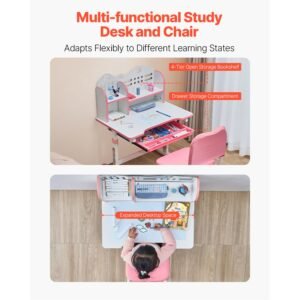 kids study chair and desk set, study desk and chair for kids with bookshelf and storage drawer, adjustable height kids study desk with chair, children study table for bedroom & study room, pink