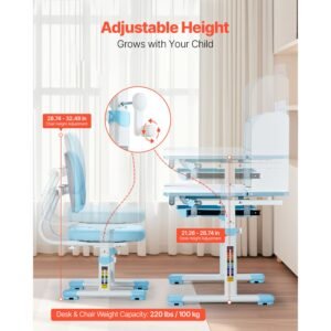 kids study chair and desk set, study desk and chair for kids with bookshelf & storage drawer, adjustable height & 0 40° tilted desktop desk and chair, study table for bedroom & study room, blue