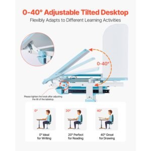 kids study chair and desk set, study desk and chair for kids with bookshelf & storage drawer, adjustable height & 0 40° tilted desktop desk and chair, study table for bedroom & study room, blue