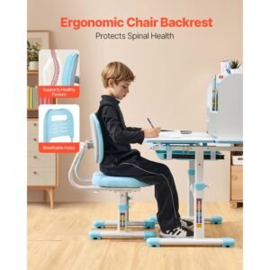 kids study chair and desk set, study desk and chair for kids with bookshelf & storage drawer, adjustable height & 0 40° tilted desktop desk and chair, study table for bedroom & study room, blue