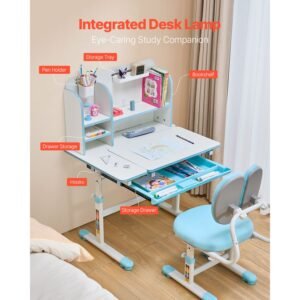 kids study chair and desk set, study desk and chair for kids with bookshelf & storage drawer, adjustable height & 0 40° tilted desktop desk and chair, study table for bedroom & study room, blue