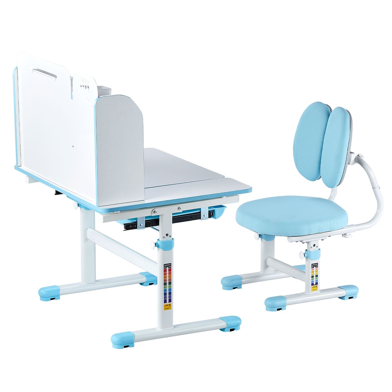 kids study chair and desk set, study desk and chair for kids with bookshelf & storage drawer, adjustable height & 0 40° tilted desktop desk and chair, study table for bedroom & study room, blue