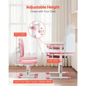 kids study chair and desk set, study desk and chair for kids with bookshelf & storage drawer, adjustable height & 0 40° tilted desktop desk and chair, study table for bedroom & study room, pink