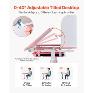 kids study chair and desk set, study desk and chair for kids with bookshelf & storage drawer, adjustable height & 0 40° tilted desktop desk and chair, study table for bedroom & study room, pink