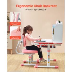 kids study chair and desk set, study desk and chair for kids with bookshelf & storage drawer, adjustable height & 0 40° tilted desktop desk and chair, study table for bedroom & study room, pink