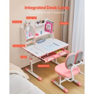 kids study chair and desk set, study desk and chair for kids with bookshelf & storage drawer, adjustable height & 0 40° tilted desktop desk and chair, study table for bedroom & study room, pink