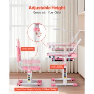 kids study chair and desk set, study desk and chair for kids with table lamp, adjustable height & 0 40° tilted desktop kids desk and chair, children study table for bedroom & study room, pink