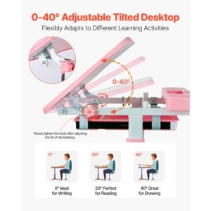 kids study chair and desk set, study desk and chair for kids with table lamp, adjustable height & 0 40° tilted desktop kids desk and chair, children study table for bedroom & study room, pink