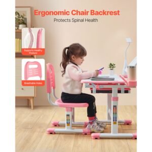 kids study chair and desk set, study desk and chair for kids with table lamp, adjustable height & 0 40° tilted desktop kids desk and chair, children study table for bedroom & study room, pink
