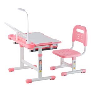 Kids Study Chair and Desk Set, Study Desk and Chair for Kids with Table Lamp, Adjustable Height & 0-40° Tilted Desktop Kids Desk and Chair, Children Study Table for Bedroom & Study Room, Pink
