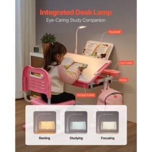 kids study chair and desk set, study desk and chair for kids with table lamp, adjustable height & 0 40° tilted desktop kids desk and chair, children study table for bedroom & study room, pink