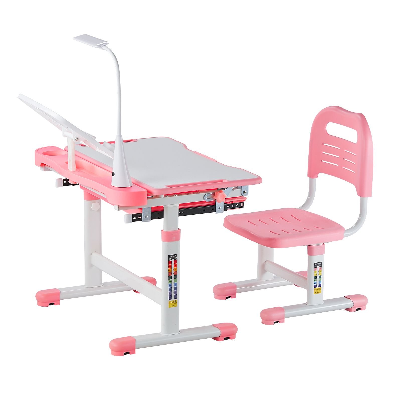 kids study chair and desk set, study desk and chair for kids with table lamp, adjustable height & 0 40° tilted desktop kids desk and chair, children study table for bedroom & study room, pink