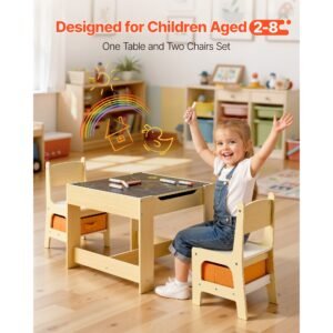 kids table and 2 chairs set, toddler table and chair set with storage space under the table, cloth storage box under the chairs, wooden desk for art, craft, reading, learning, drawing, burlywood