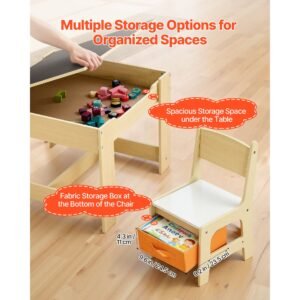 kids table and 2 chairs set, toddler table and chair set with storage space under the table, cloth storage box under the chairs, wooden desk for art, craft, reading, learning, drawing, burlywood
