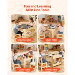 kids table and 2 chairs set, toddler table and chair set with storage space under the table, cloth storage box under the chairs, wooden desk for art, craft, reading, learning, drawing, burlywood