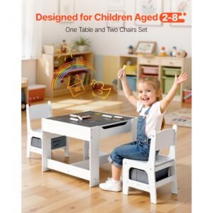 kids table and 2 chairs set, toddler table and chair set with storage space under the table, cloth storage box under the chairs, wooden desk for art, craft, reading, learning, drawing, white