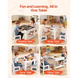 kids table and 2 chairs set, toddler table and chair set with storage space under the table, cloth storage box under the chairs, wooden desk for art, craft, reading, learning, drawing, white