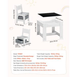 kids table and 2 chairs set, toddler table and chair set with storage space under the table, cloth storage box under the chairs, wooden desk for art, craft, reading, learning, drawing, white