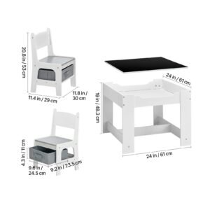 kids table and 2 chairs set, toddler table and chair set with storage space under the table, cloth storage box under the chairs, wooden desk for art, craft, reading, learning, drawing, white