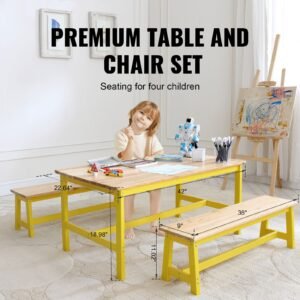 kids table and bench set, toddler table and chair set of 3, wood activity table for art, craft, reading, learning