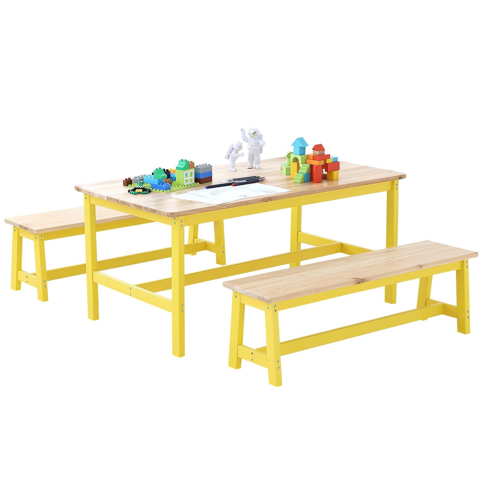 kids table and bench set, toddler table and chair set of 3, wood activity table for art, craft, reading, learning