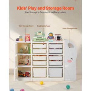 kids toy storage, 4 tier elephant shape toy storage organizer with 10 plastic movable bins, kids cubby cabinet made from hdpe for study room, bedroom, playroom, classroom, nursery, gray + beige