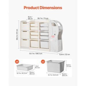 kids toy storage, 4 tier elephant shape toy storage organizer with 10 plastic movable bins, kids cubby cabinet made from hdpe for study room, bedroom, playroom, classroom, nursery, gray + beige