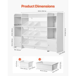 kids toy storage and bookshelf, 4 tier large toy storage organizer with 8 flexible plastic bins, kids cubby cabinet with bookshelf for study room, bedroom, playroom, classroom, nursery, white