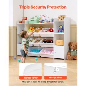 kids toy storage and bookshelf, 4 tier large toy storage organizer with 8 flexible plastic bins, kids cubby cabinet with bookshelf for study room, bedroom, playroom, classroom, nursery, white