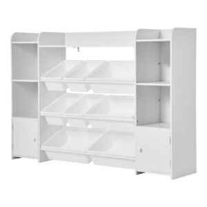 kids toy storage and bookshelf, 4 tier large toy storage organizer with 8 flexible plastic bins, kids cubby cabinet with bookshelf for study room, bedroom, playroom, classroom, nursery, white