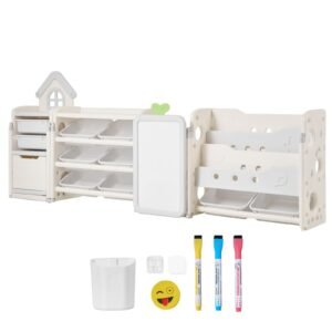 kids toy storage with bookshelf, 4 tier large toy storage organizer with 10 plastic movable bins, kids cubby cabinet with bookshelf and drawing board for study room, playroom, classroom, nursery