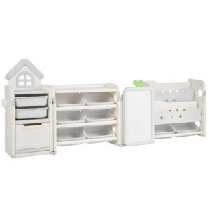 kids toy storage with bookshelf, 4 tier large toy storage organizer with 10 plastic movable bins, kids cubby cabinet with bookshelf and drawing board for study room, playroom, classroom, nursery