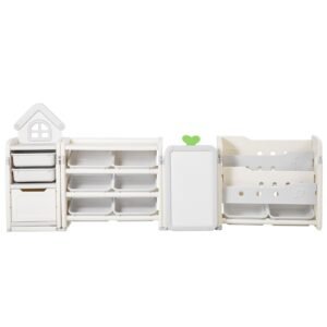 Kids Toy Storage with Bookshelf, 4-Tier Large Toy Storage Organizer with 10 Plastic Movable Bins, Kids Cubby Cabinet with Bookshelf and Drawing Board for Study Room, Playroom, Classroom, Nursery