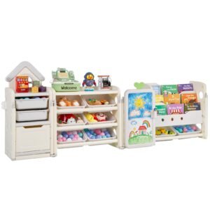 kids toy storage with bookshelf, 4 tier large toy storage organizer with 10 plastic movable bins, kids cubby cabinet with bookshelf and drawing board for study room, playroom, classroom, nursery
